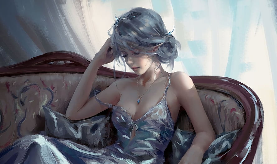 Elegant Elf Woman in Flowing Gown Reclining on Ornate Sofa HD wallpaper