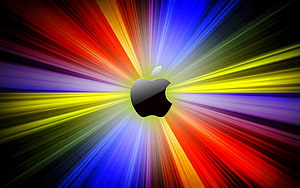Apple Logo Centered in Vibrant Multicolored Radial Light Burst on Black Background HD wallpaper
