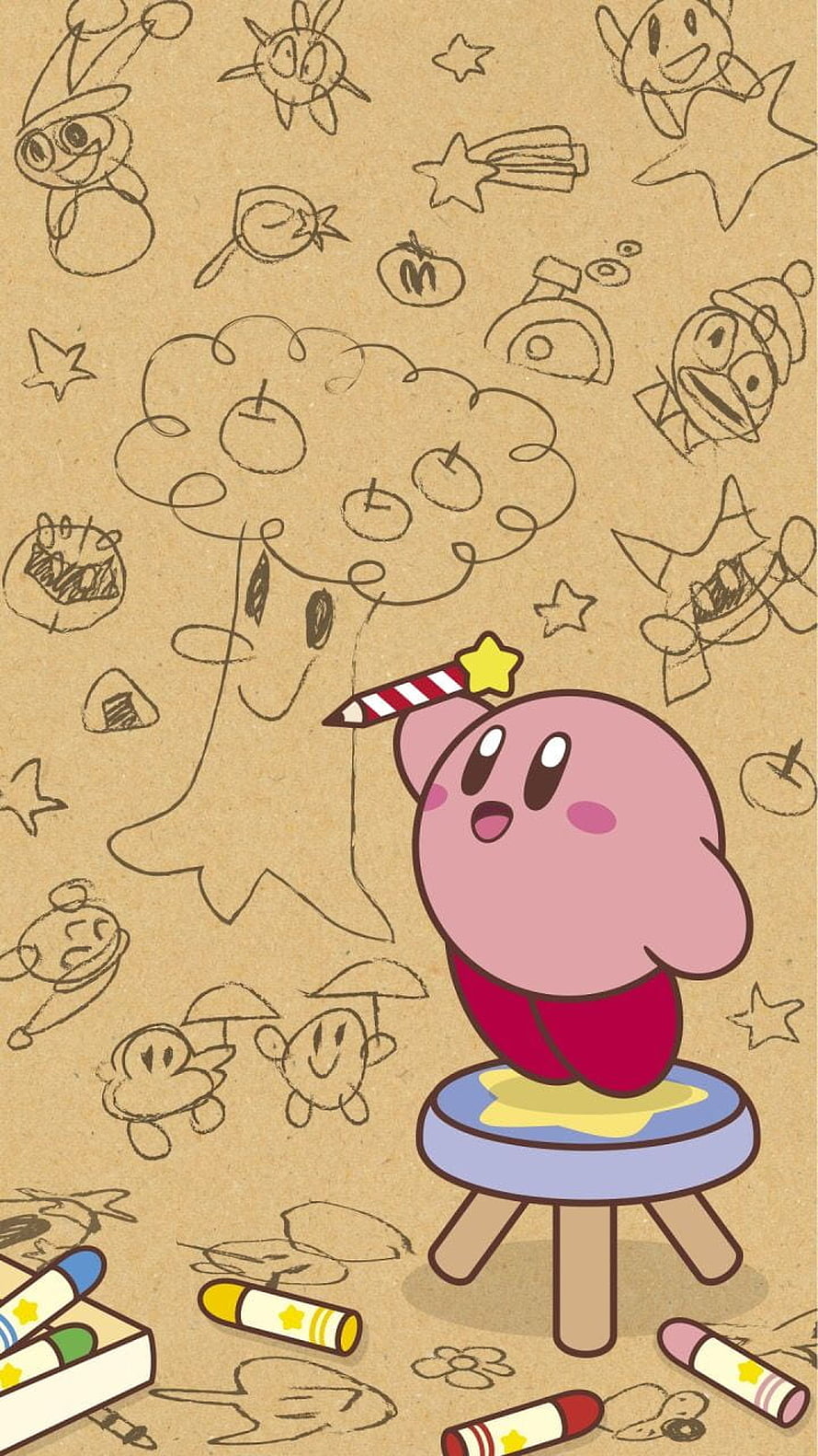 Kirby Sitting on a Stool with Crayons and Sketches on Kraft Paper Background HD phone wallpaper