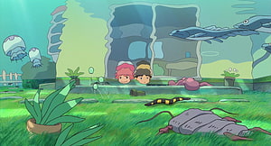 Ponyo and Sosuke Peeking from Underwater Window in Studio Ghibli Animated Scene HD wallpaper