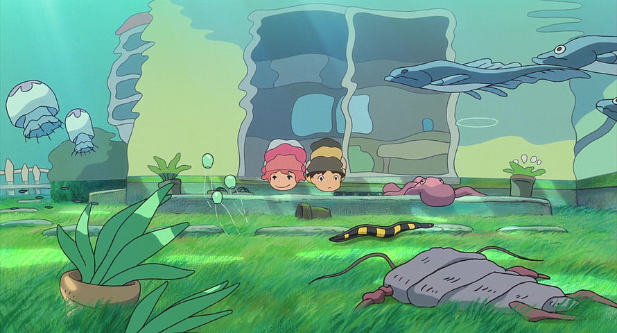 Ponyo and Sosuke Peeking from Underwater Window in Studio Ghibli Animated Scene HD wallpaper