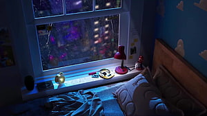 Cozy Bedroom Window View of Rainy Night City Lights with Mario Figurine HD wallpaper