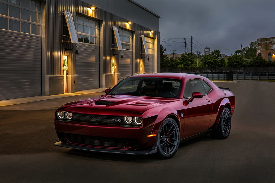 Red Dodge Challenger SRT Hellcat Widebody Parked at Gas Station at Dusk HD wallpaper