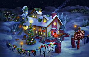 Santa's Workshop Christmas Cottage with Snowy Village and Decorated Tree at Night HD wallpaper