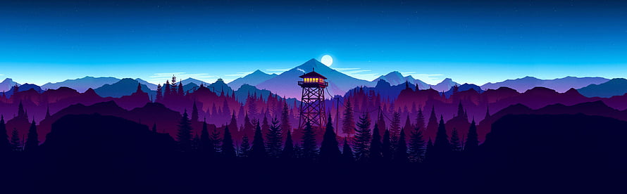 Firewatch Nighttime Mountain Landscape with Fire Tower and Pine Forest HD wallpaper