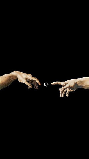 Minimalist Loading Screen with Reaching Hands and Spark on Black Background HD phone wallpaper