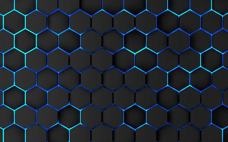 Glowing Neon Hexagon Grid Pattern with Dark 3D Honeycomb Texture HD wallpaper