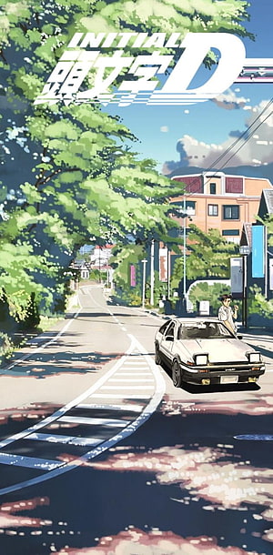 Initial D Anime Scene Featuring a White Toyota AE86 on a Tree-Lined Japanese Street HD phone wallpaper