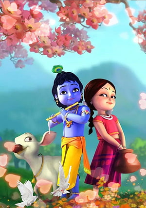 Animated Lord Krishna and Radha with Flute, Cow, and Doves Under Blossoming Tree HD phone wallpaper