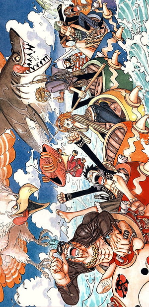 One Piece Straw Hat Pirates Action Scene with Luffy, Zoro, Nami, Usopp, Sanji, Chopper, Robin, and Franky HD phone wallpaper