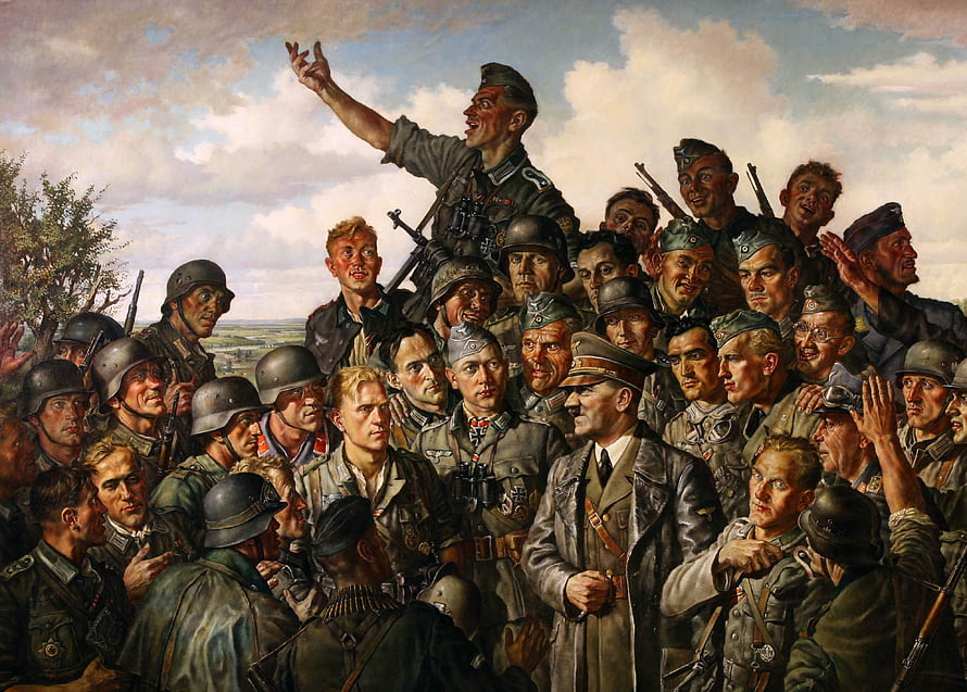 Historical Oil Painting of Adolf Hitler Addressing a Large Group of Soldiers HD wallpaper