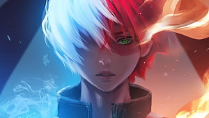 Split-Hair Anime Character with Ice and Fire Elements HD wallpaper