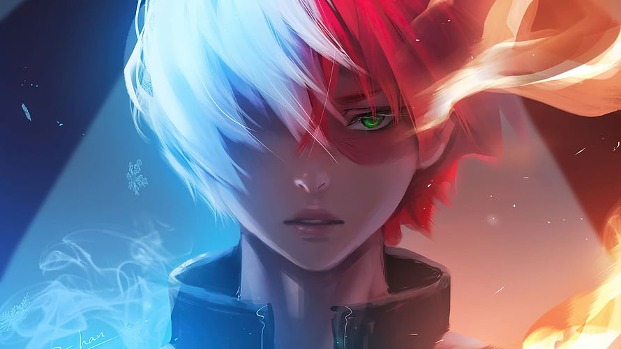Split-Hair Anime Character with Ice and Fire Elements HD wallpaper