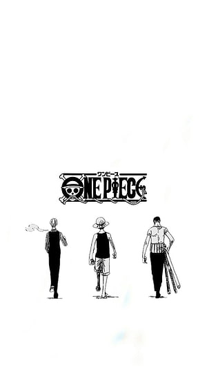One Piece Manga Art: Luffy, Zoro, and Sanji Walking Away in Minimalist Black and White Style HD phone wallpaper