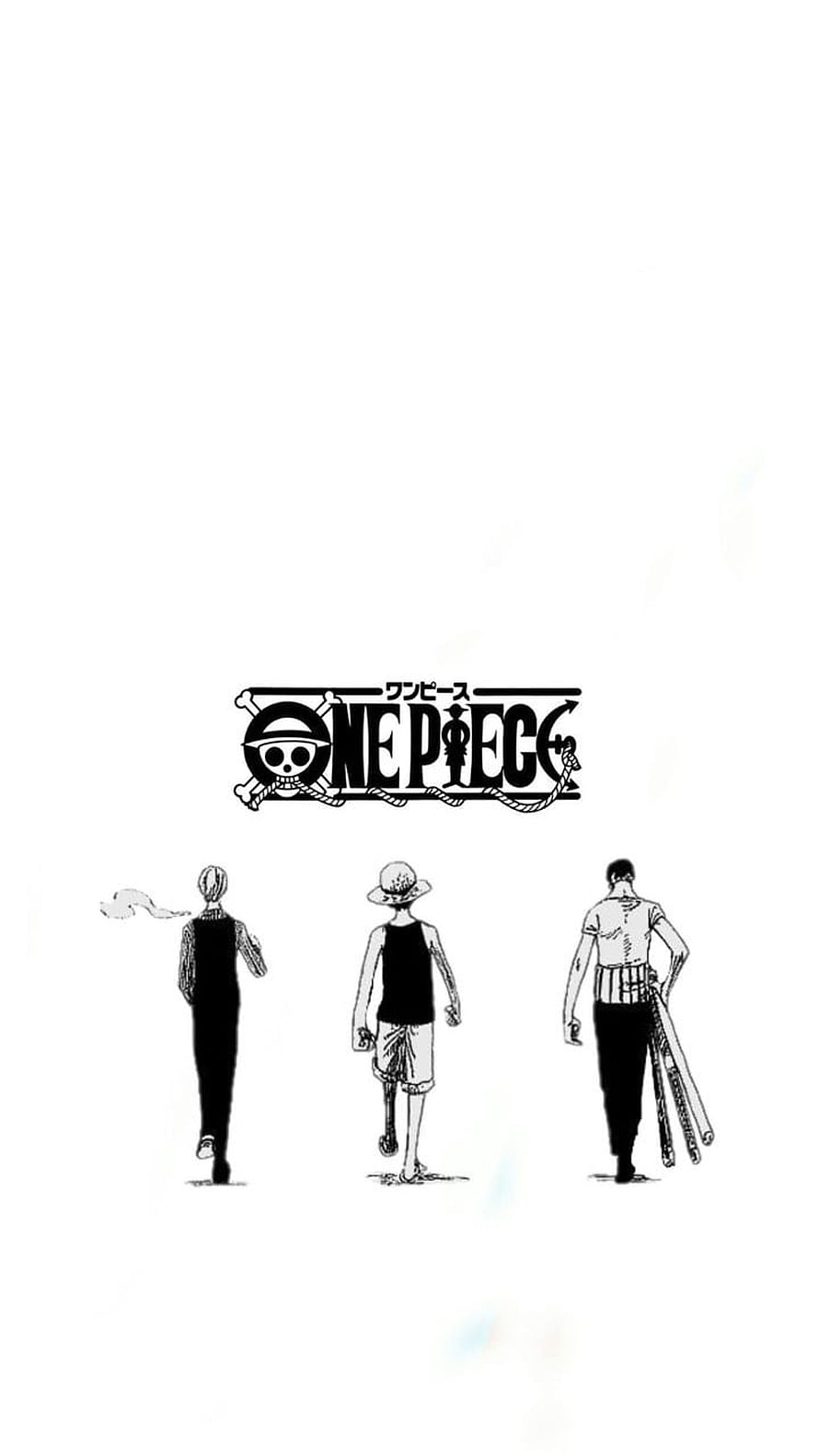 One Piece Manga Art: Luffy, Zoro, and Sanji Walking Away in Minimalist Black and White Style HD phone wallpaper