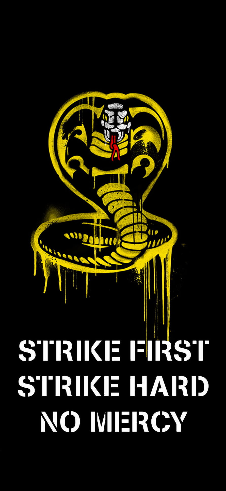 Cobra Kai Yellow Snake Logo with Strike First Slogan on Black Background HD phone wallpaper