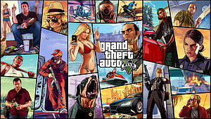 Grand Theft Auto V Comic Style Character Collage and Game Artwork HD wallpaper