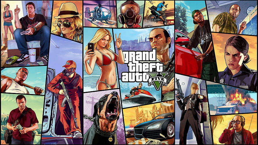 Grand Theft Auto V Comic Style Character Collage and Game Artwork HD wallpaper
