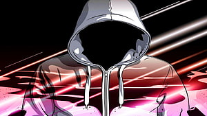 Mysterious Hooded Figure with Glowing Red Energy Streaks on Black Background HD wallpaper