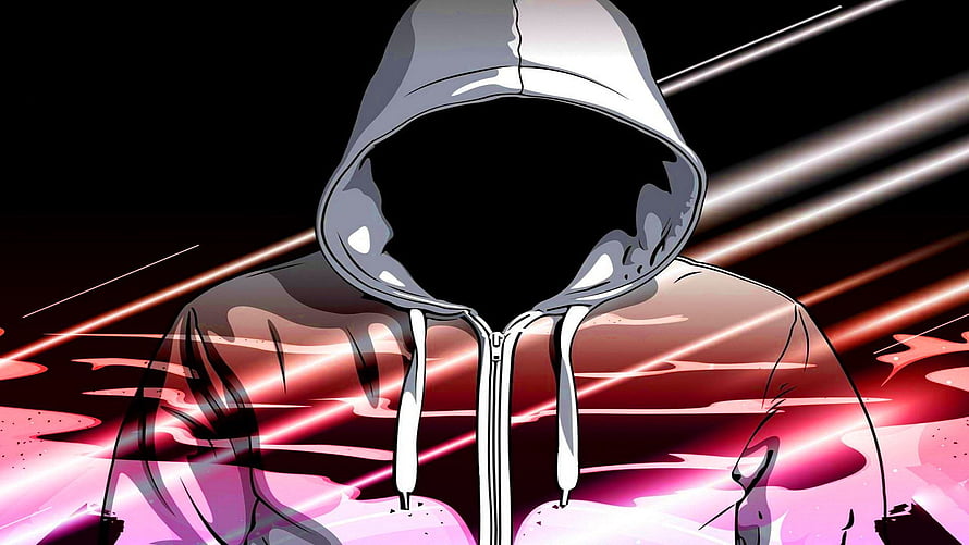 Mysterious Hooded Figure with Glowing Red Energy Streaks on Black Background HD wallpaper