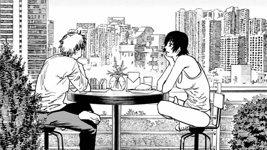 Chainsaw Man manga panel of two characters sharing a quiet moment at a rooftop table overlooking a dense city skyline HD wallpaper