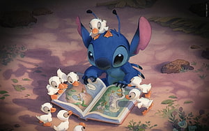 Stitch Reading a Picture Book to a Group of Ducklings in a Disney Animated Scene HD wallpaper