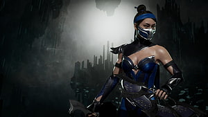 Kitana from Mortal Kombat 11 in blue armor holding a fan weapon in a dark misty environment HD wallpaper