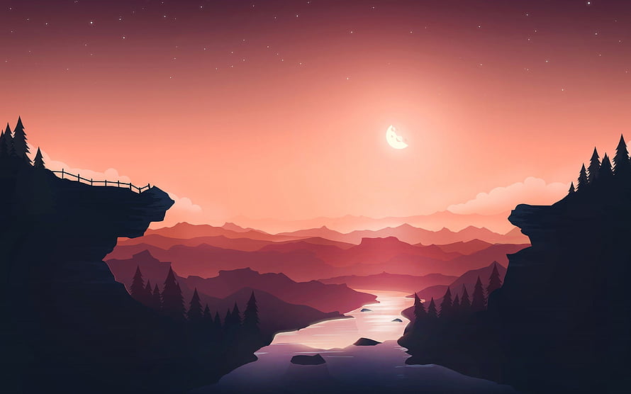 Stylized Mountain Valley at Dusk with Winding River and Crescent Moon HD wallpaper