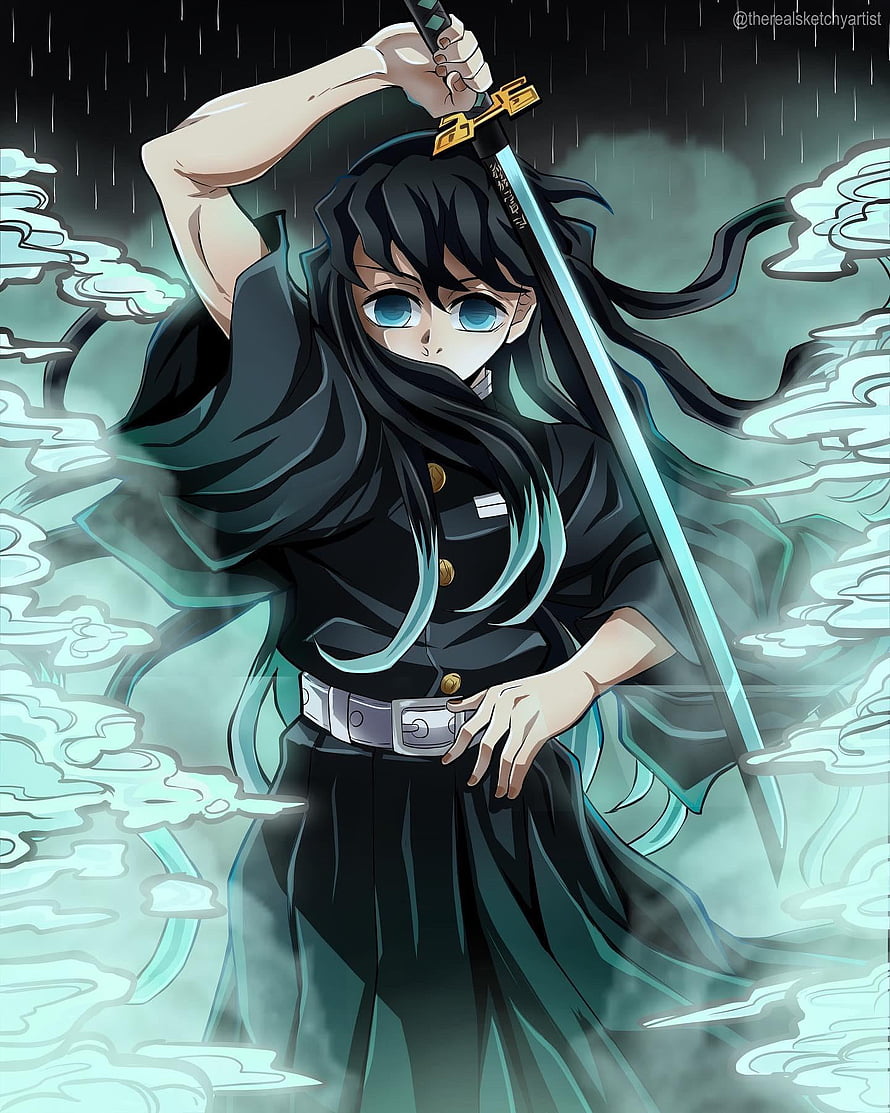 Mitsuri Kanroji Mist Hashira from Demon Slayer Wielding Katana in Rain HD phone wallpaper