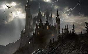 Dark Gothic Castle on a Stormy Cliff with Lightning and Bats HD wallpaper