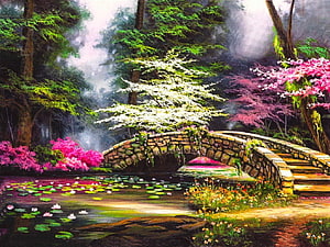 Serene Stone Arch Bridge Over Lotus Pond in Misty Forest with Vibrant Spring Blossoms HD wallpaper