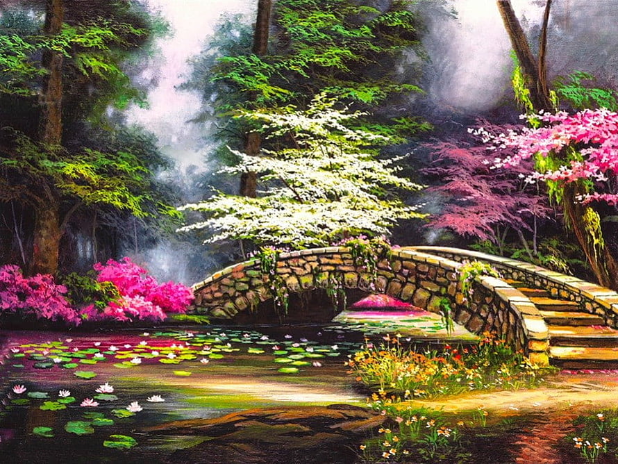 Serene Stone Arch Bridge Over Lotus Pond in Misty Forest with Vibrant Spring Blossoms HD wallpaper
