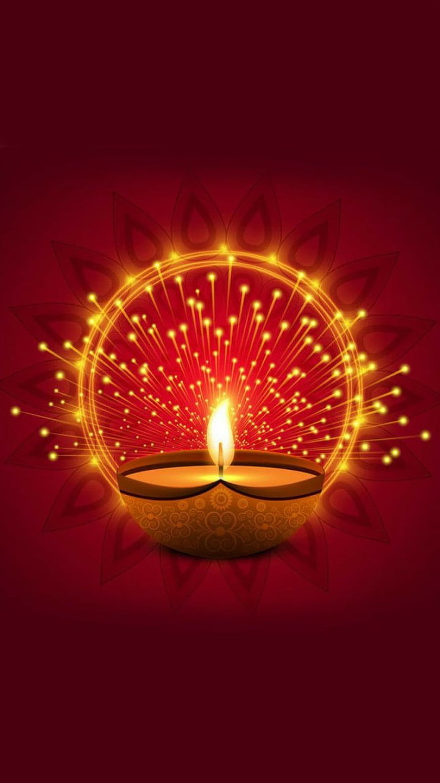 Glowing Diya Oil Lamp with Radiant Fireworks and Mandala Pattern on Deep Red Background HD phone wallpaper