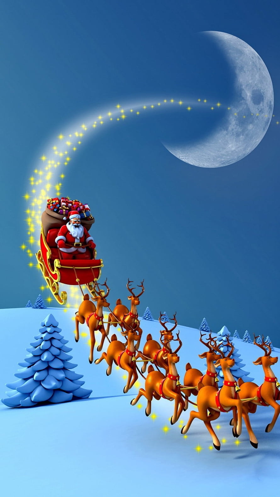 Santa Claus Flying Sleigh With Reindeer Over Snowy Landscape Under Full Moon HD phone wallpaper