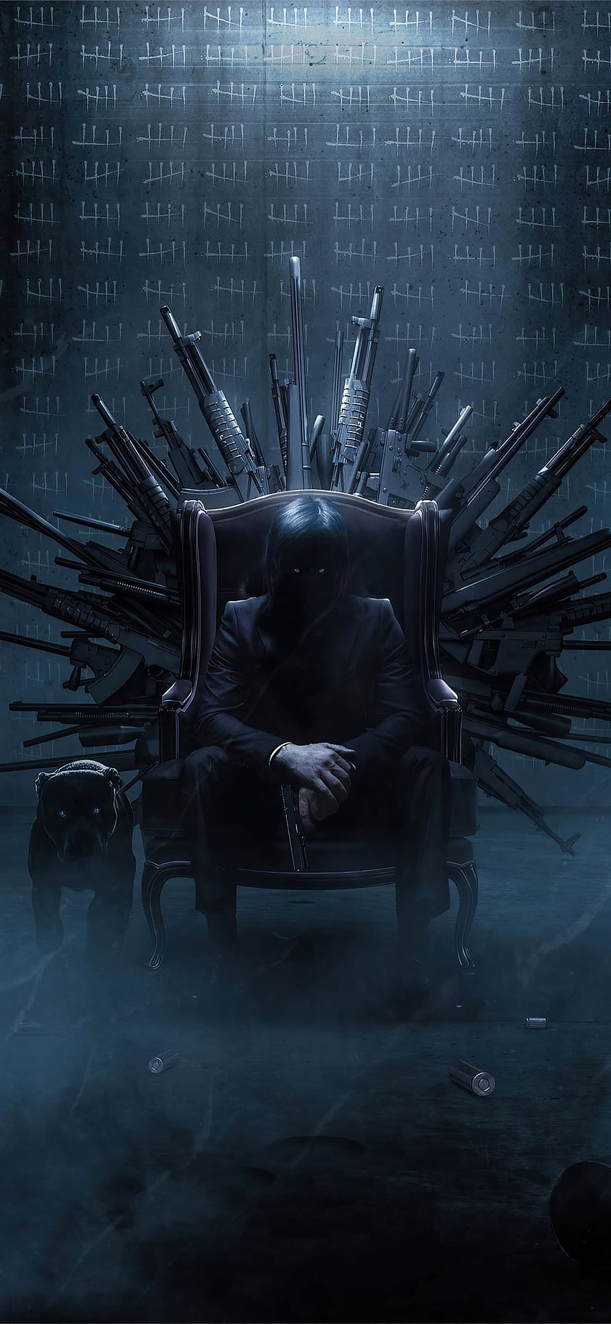 John Wick Seated on a Throne of Firearms with a Dog in a Dark, Moody Setting HD phone wallpaper
