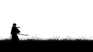 Kenshin Silhouette Standing in Tall Grass with Katana Against White Sky HD wallpaper