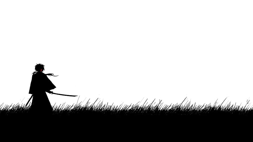 Kenshin Silhouette Standing in Tall Grass with Katana Against White Sky HD wallpaper