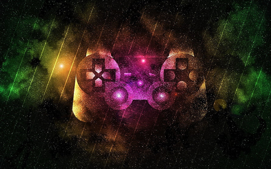 Neon Glowing Game Controller With Starry Particle Effects and Cosmic Color Palette HD wallpaper