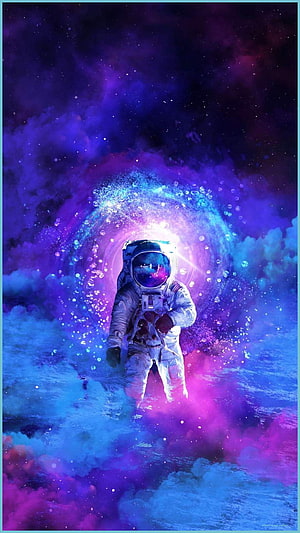 Astronaut Floating in Vibrant Purple and Blue Cosmic Nebula Clouds HD phone wallpaper