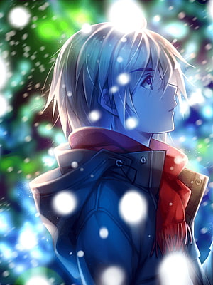 Anime Boy Profile in Snowfall with Red Scarf and Blue Jacket HD phone wallpaper