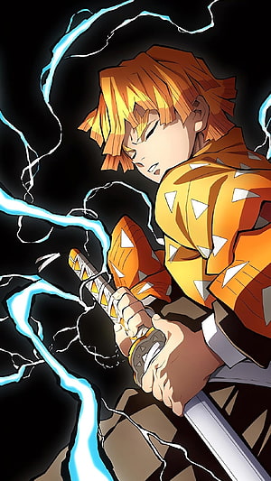 Zenitsu Agatsuma Wielding Katana Amidst Blue Lightning in Dark Anime Style HD phone wallpaper