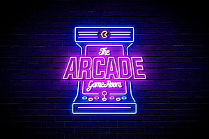 Retro Arcade Game Room Neon Sign on Dark Brick Wall with Purple and Blue Glow HD wallpaper