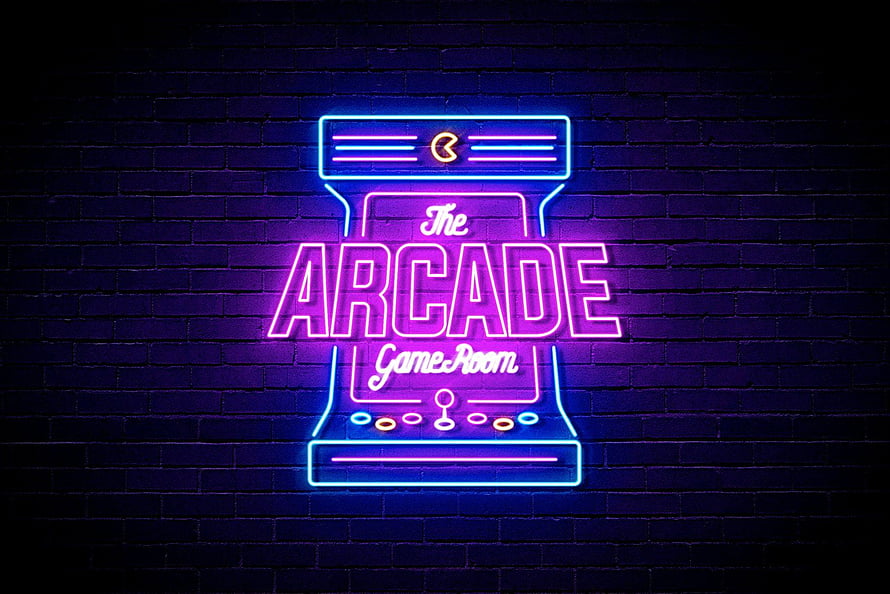 Retro Arcade Game Room Neon Sign on Dark Brick Wall with Purple and Blue Glow HD wallpaper