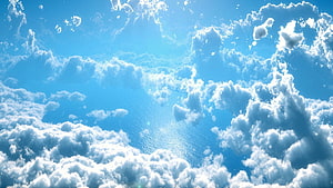 Aerial View of Fluffy White Clouds and Bright Blue Sky with Sunlight HD wallpaper