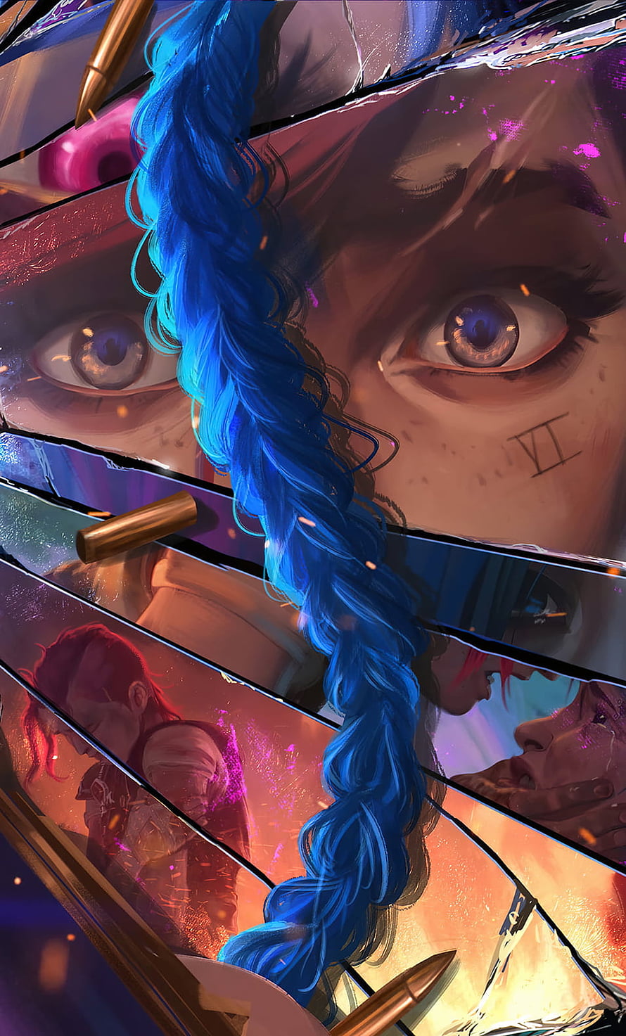 Arcane Jinx Blue Braid Close-Up with Shattered Glass and Roman Numerals HD phone wallpaper