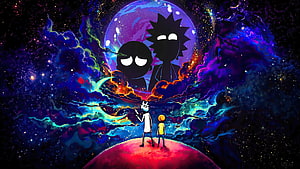 Rick and Morty Silhouettes Gazing at Cosmic Nebula and Distant Planet HD wallpaper