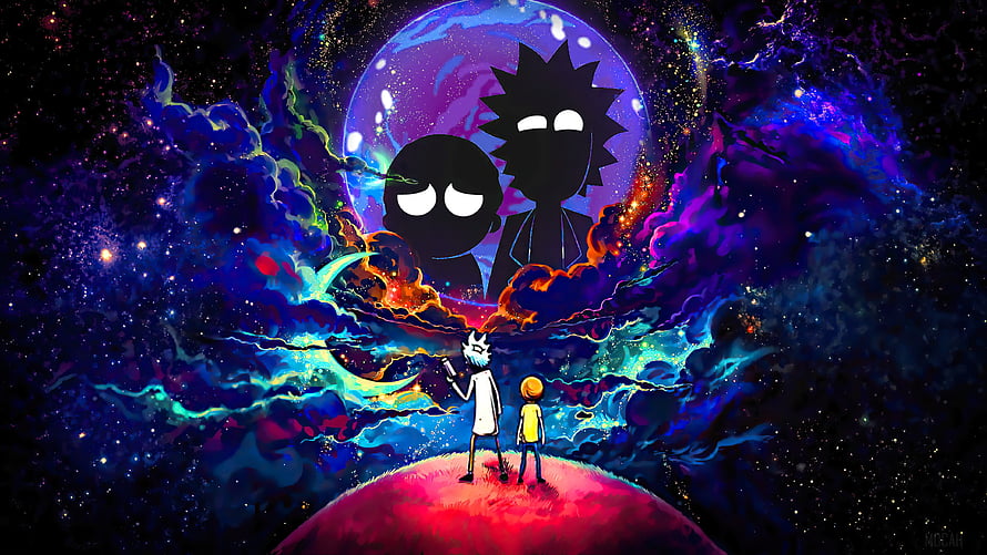 Rick and Morty Silhouettes Gazing at Cosmic Nebula and Distant Planet HD wallpaper