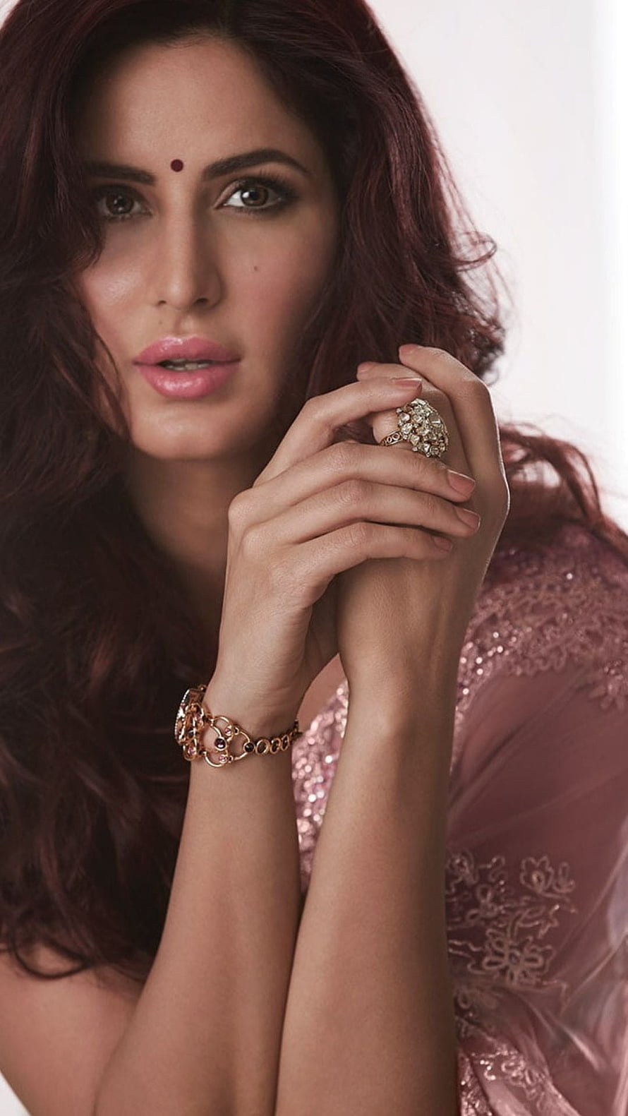 Katrina Kaif in Elegant Pink Sequined Attire with Gold Jewelry and Traditional Bind HD phone wallpaper