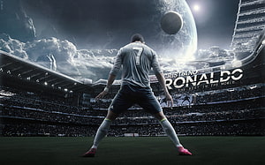 Cristiano Ronaldo in Epic Stadium Scene with Cosmic Sky and Floating Ball HD wallpaper