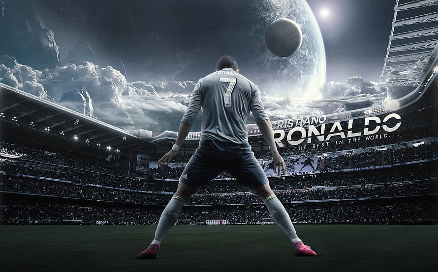 Cristiano Ronaldo in Epic Stadium Scene with Cosmic Sky and Floating Ball HD wallpaper